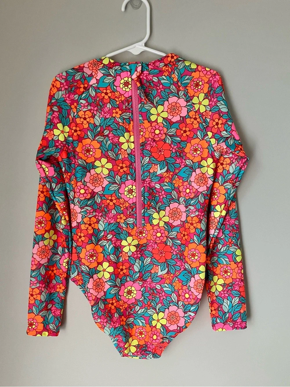 New Girls Floral Long-Sleeve Rash Guard Swimsuit - Pink/Coral